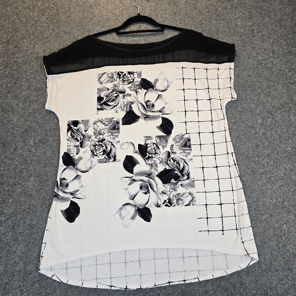 White House Black Market Blouse Top Womens White Black Floral Stretch Boat Neck